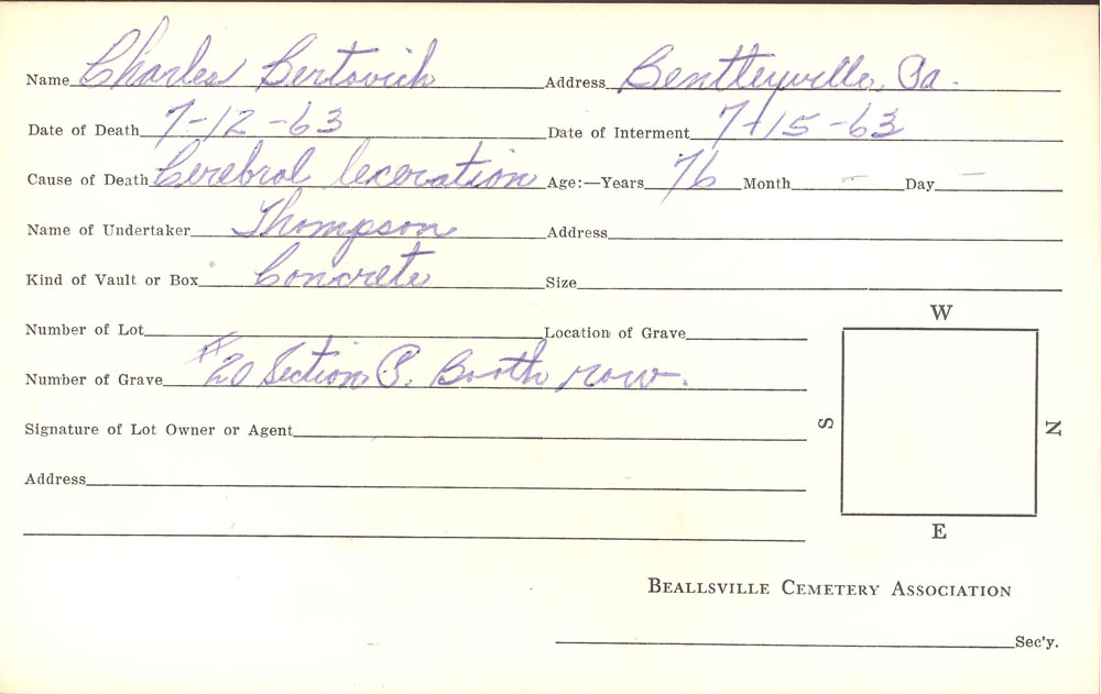 Charles Bertovich burial card